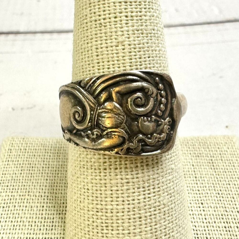 Antique Spoon Ring Siren Demitasse Silver Plated Size 8 Sea Goddess Mermaid